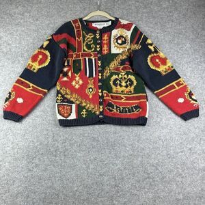 Vintage Eagles Eye Cardigan Womens M Hand Knit Crown Royalty Red Blue Gold Tone*